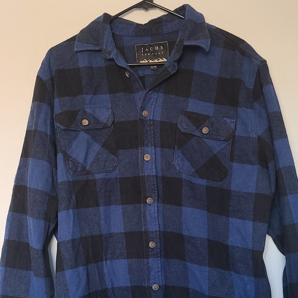 Black and blue plaid button down thick flannel shirt/jacket
